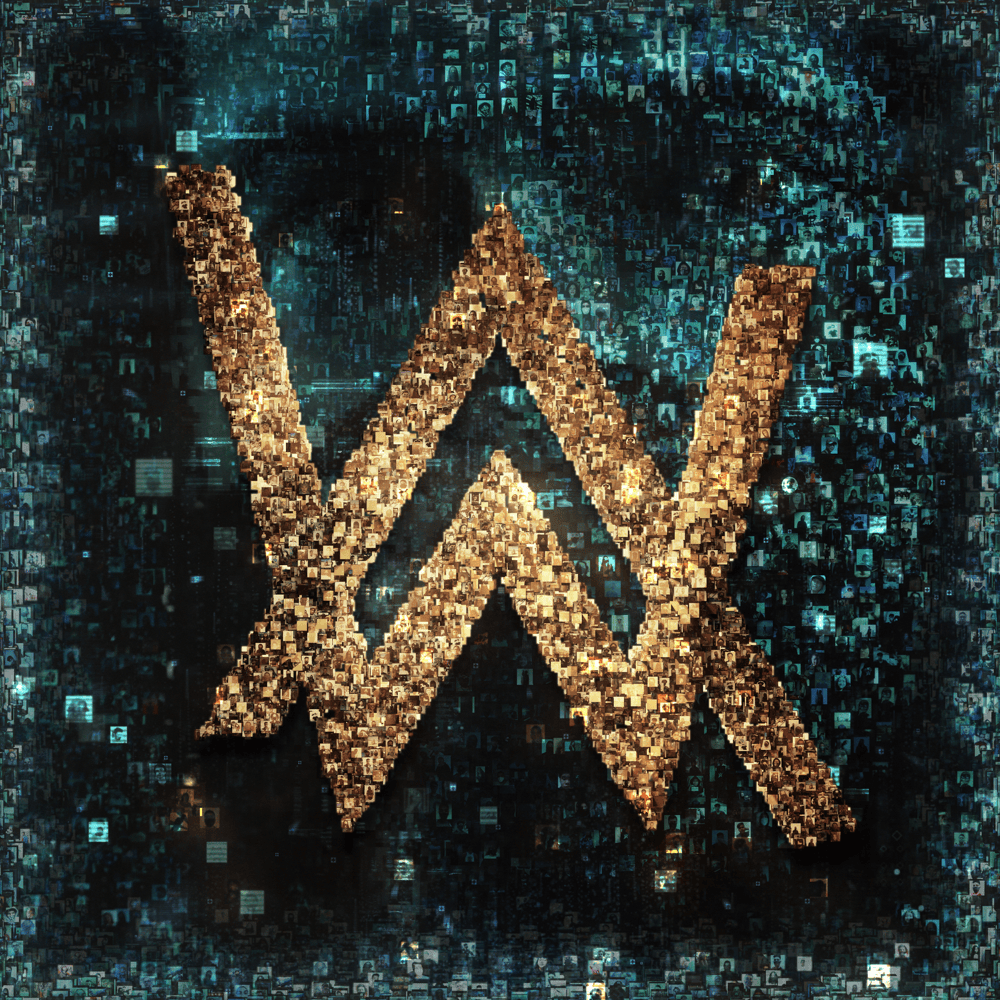 A cover for Norwegian DJ Alan Walker’s album “World Of Walker” with a brown logo of his initials made up of collage of photos.