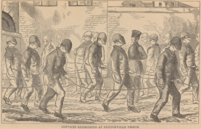 Image of incarcerated figures exercising in Pentonville Prison. This image is from Henry Mayhew, John Binny, and Benno Loewy's 1862 book The Criminal Prisons of London: And Scenes of Prison Life.