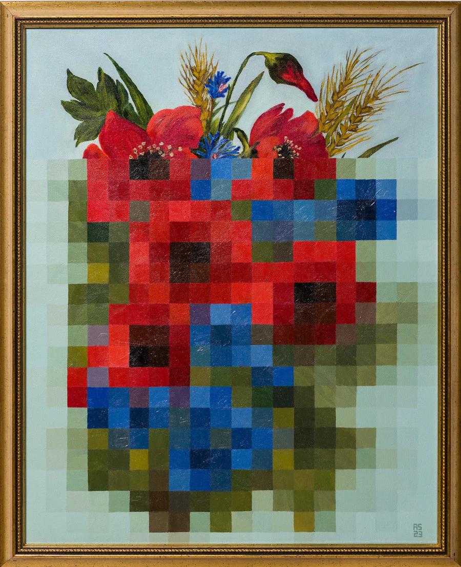 A photograph of an oil painting of a bouquet that has 1" squares of color (pixels) obscuring most of the detail