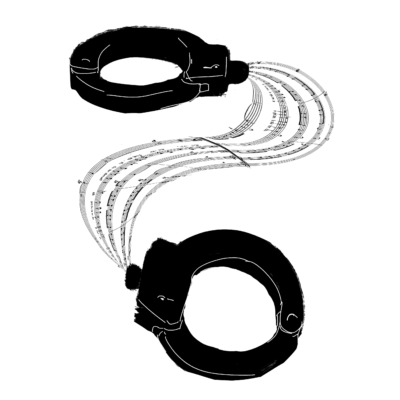 a pair of handcuffs connected by musical notation