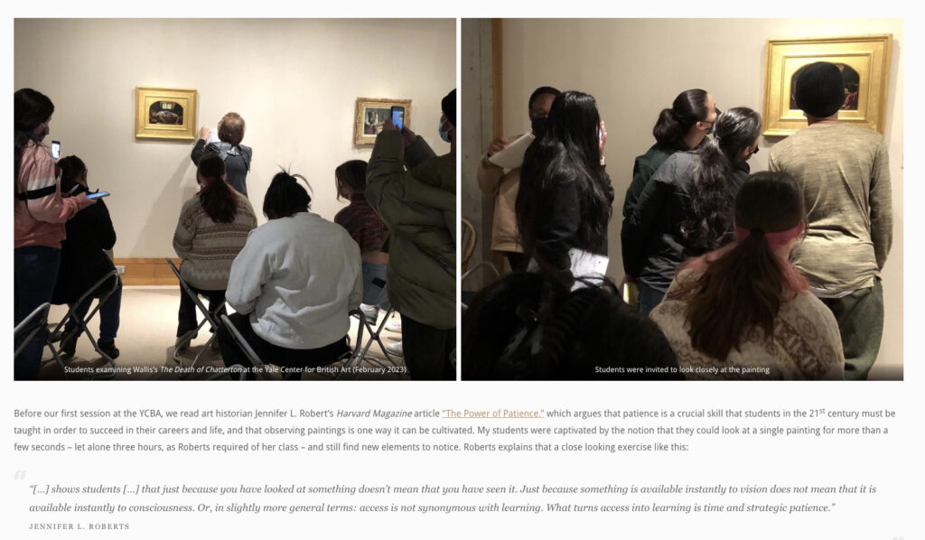 Screenshot of a page from the "Representations of 'the Criminal'" course website from Spring 2023. The Screenshot includes two photographs of students viewing paintings at the Yale Center for British Art.