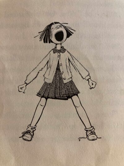 Drawing of a young girl screaming with fists clenched and feet spread wide (one shoe untied, socks falling down).