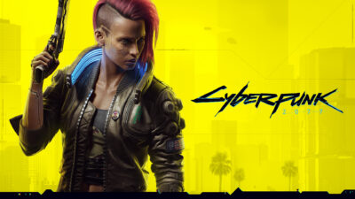 A Cyberpunk woman with the right side of her head shaved, holds a gun in her right hand. The background is yellow with shadows of a city. The word "Cyberpunk" is written in futuristic dystopian font next to the woman.