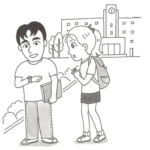 The characters Mary and Takeshi from the Genki Japanese language textbooks. Mary is standing to the right of the image, facing Takeshi to the left. She has a puzzled look on her face, her mouth is open in a circle. Takeshi is smiling and looking down at his watch, which is on his left wrist, which is raised up in front of him.