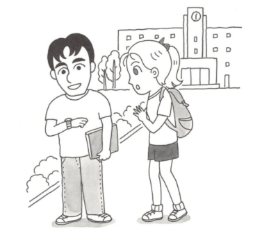 The characters Mary and Takeshi from the Genki Japanese language textbooks. Mary is standing to the right of the image, facing Takeshi to the left. She has a puzzled look on her face, her mouth is open in a circle. Takeshi is smiling and looking down at his watch, which is on his left wrist, which is raised up in front of him.