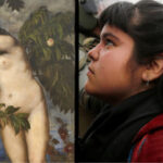 Image of Titian's painting Adam and Even in the Garden of Eden next to an image of a Chilean demonstrator, taken by a photojournalist working for Reuters.