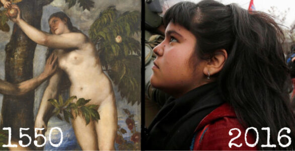 Image of Titian's painting Adam and Even in the Garden of Eden next to an image of a Chilean demonstrator, taken by a photojournalist working for Reuters.