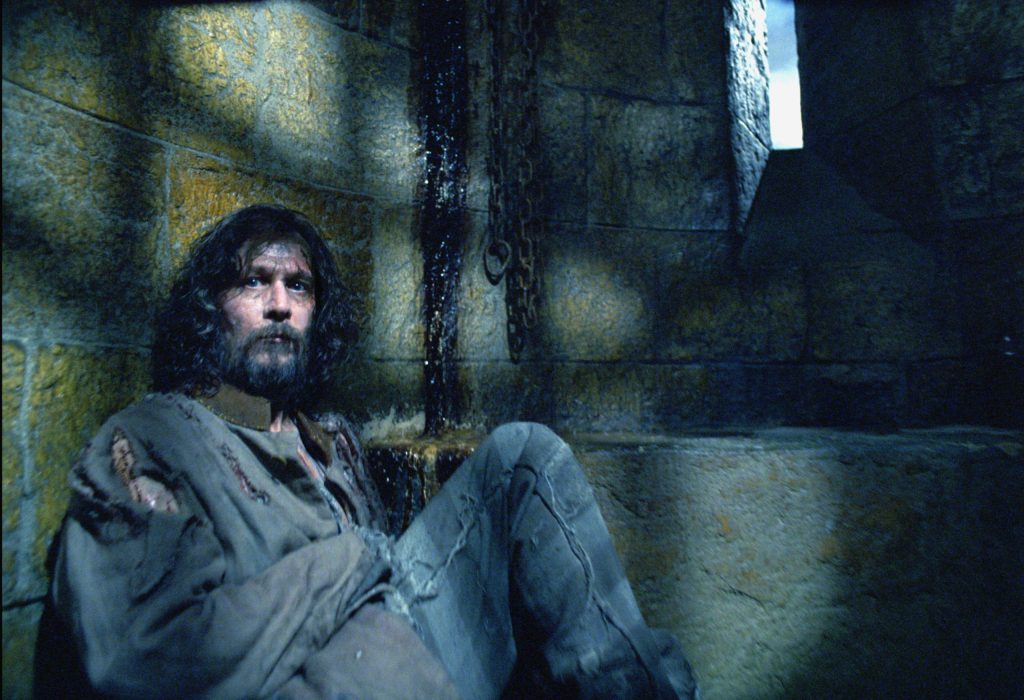 This is a photo of Sirius Black sitting on the ground in a stone room. The photo is dark, with some light coming through the window on his right. There is also light shining through, casting the shadow over his face. He looks expressionless. His clothes are ripped and he seems to have wounds under the rips. He is looking towards the camera. 