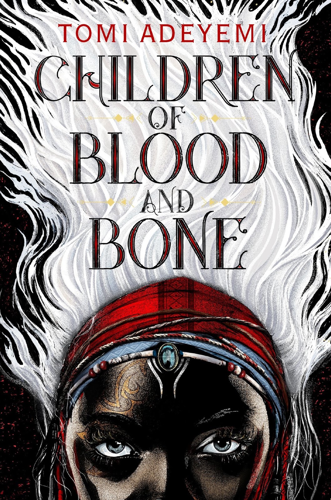 Dark skinned woman with white hair behind text "Children of Blood And Bone"