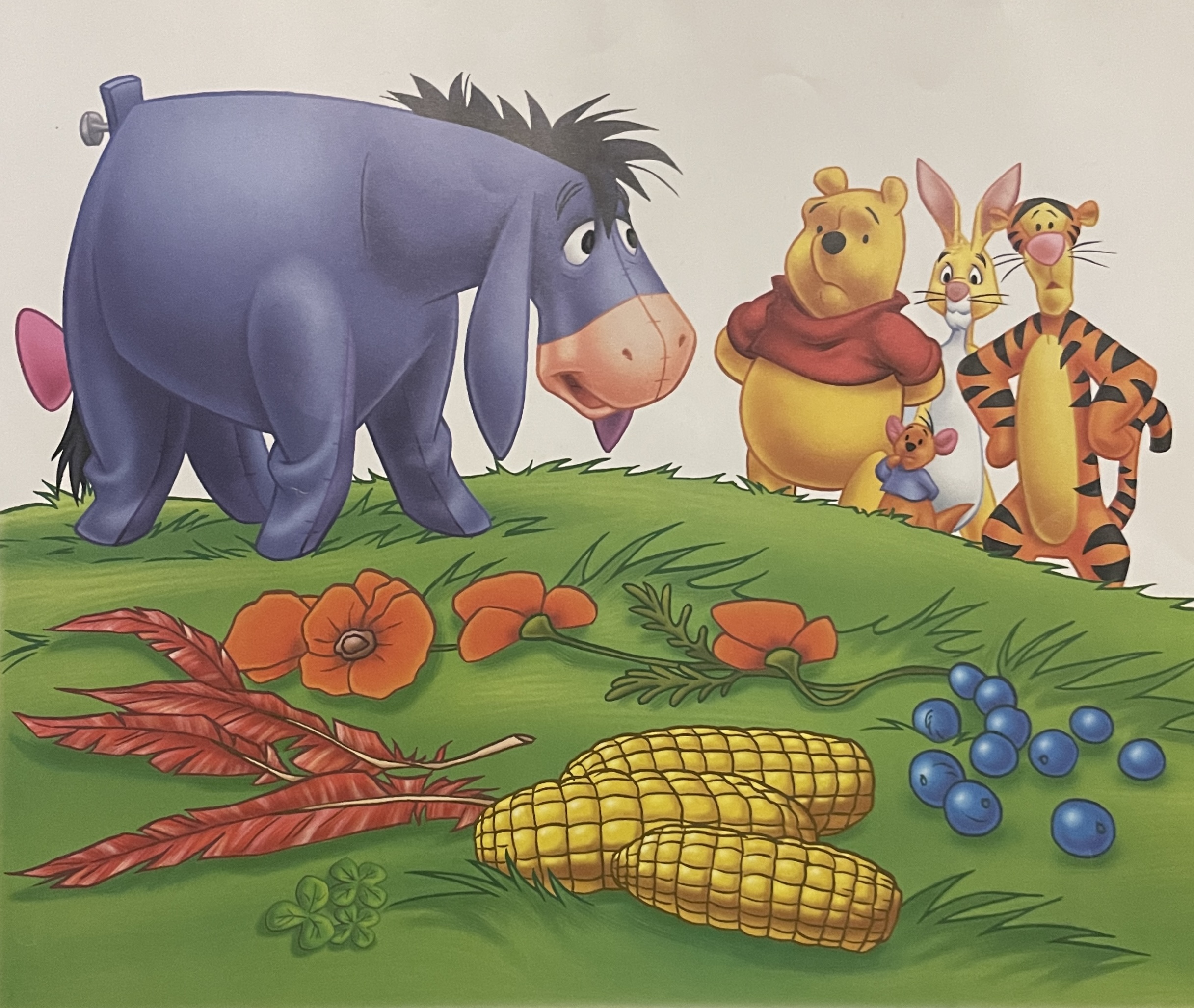 The Winnie the Pooh crew has gathered with Eeyore speaking as the crew including Winnie the Pooh, Rabbit, Tigger, and Roo eye the rainbow-colored objects gather on the ground