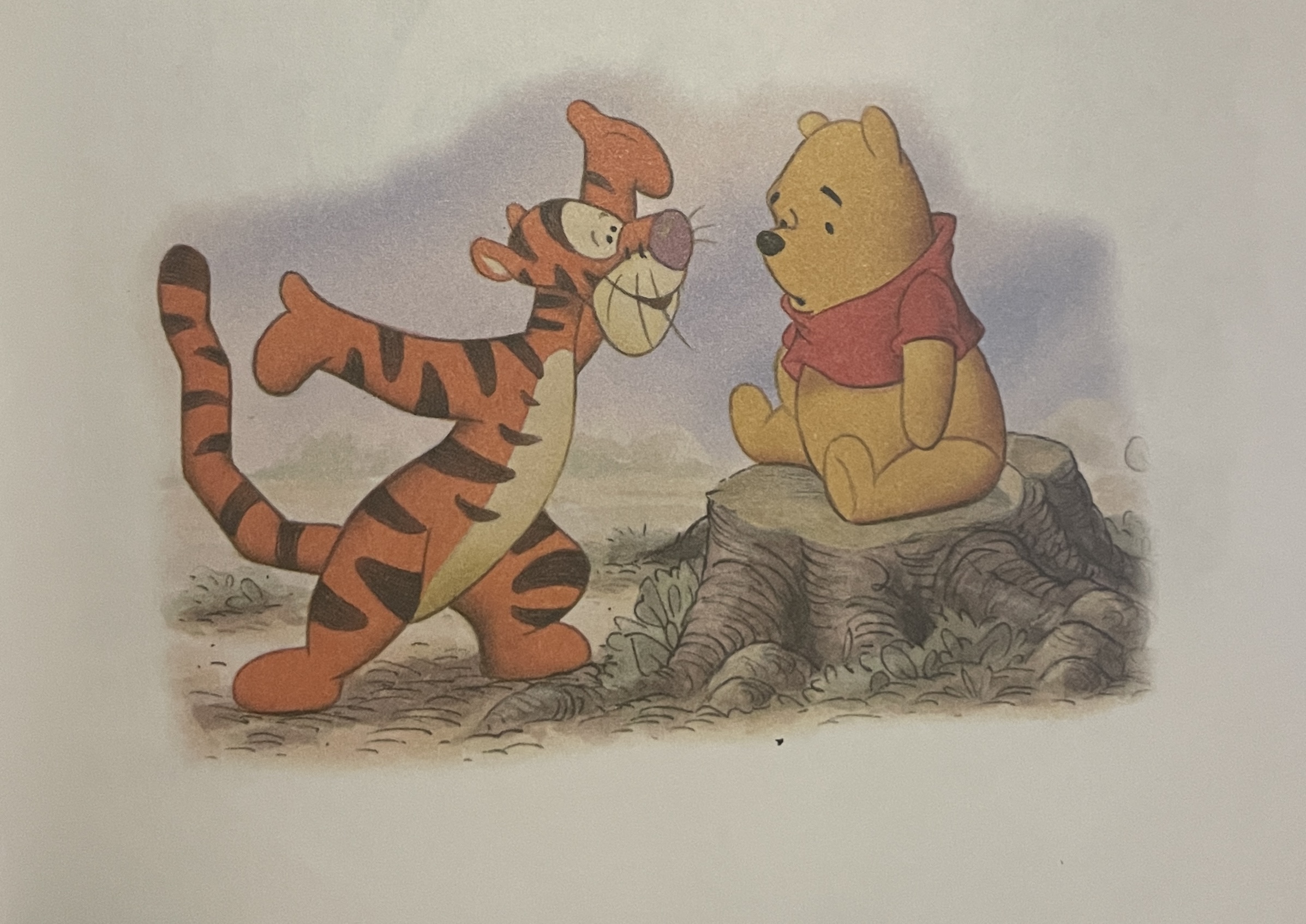 A watercolor illustration depicting Tiger surprising a somber looking Winnie the Pooh who is sitting on a rock.