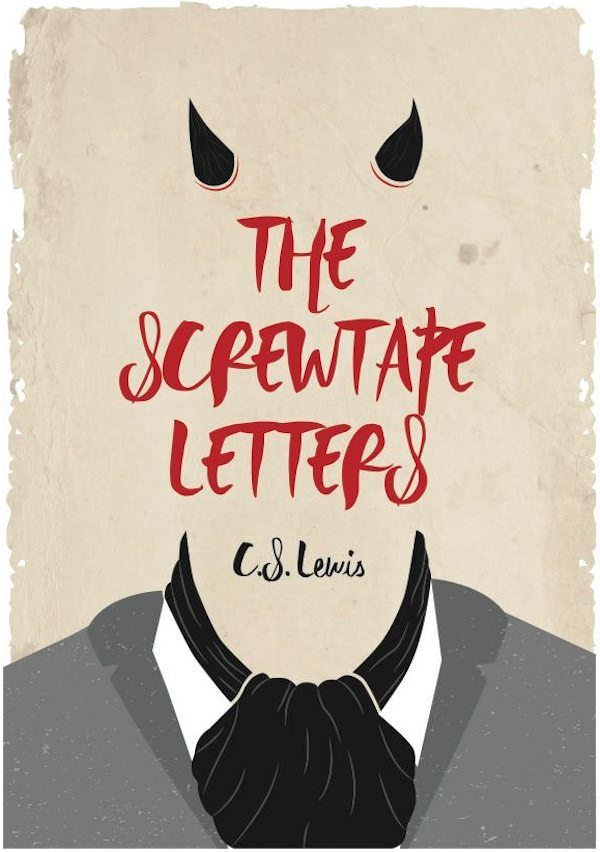 The cover of The Screwtape Letters. There is a well dressed man with no face, text where the face would be, and devil horns at the top.