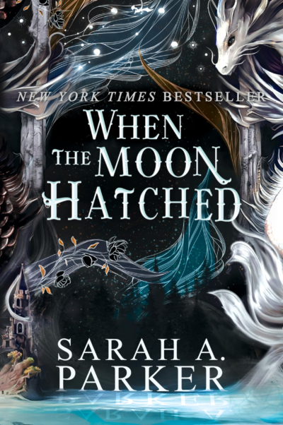 The cover of the book When The Moon Hatched, a pale dragon is on the side looking down at a forest.