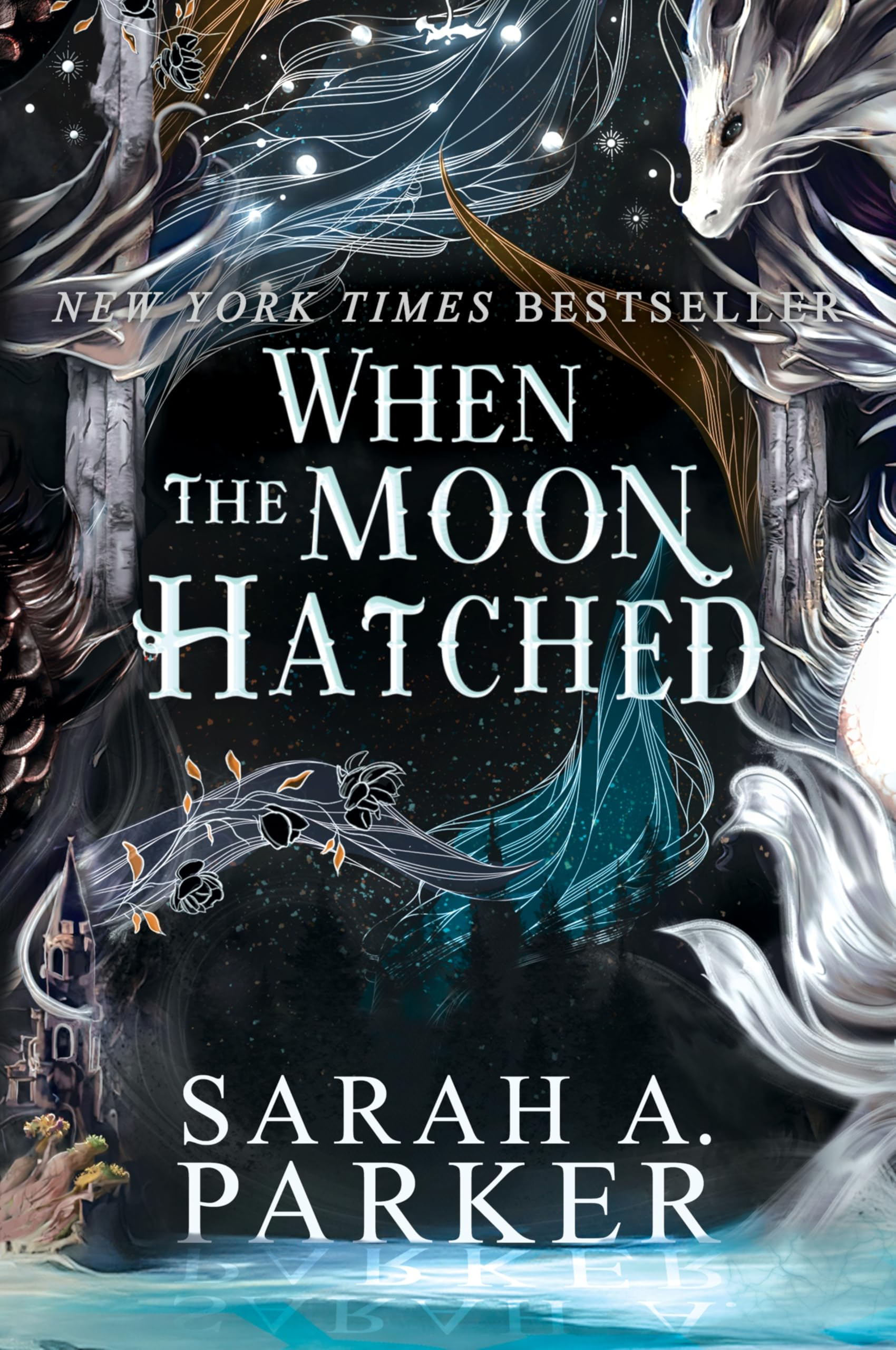 The cover of the book When The Moon Hatched, a pale dragon is on the side looking down at a forest.
