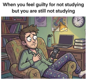 Man sitting in a chair, turned away from his laptop. Caption on the image reads "when you feel guilty for not studying but you are still not studying"